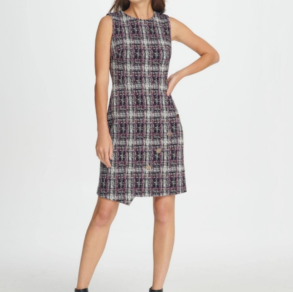 DKNY Asymmetrical Tweed Sheath Black/Purple/White Women's Dress Size 4